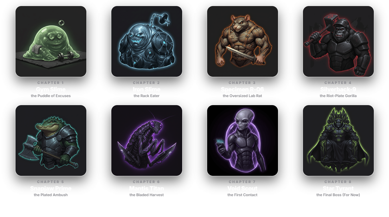 The eight GymXP bosses: Gym Slime, Iron Slime, Specimen R-06, Silverback-9, Snapjaw Prime, Mantis Titan, Void Scout and Star Tyrant