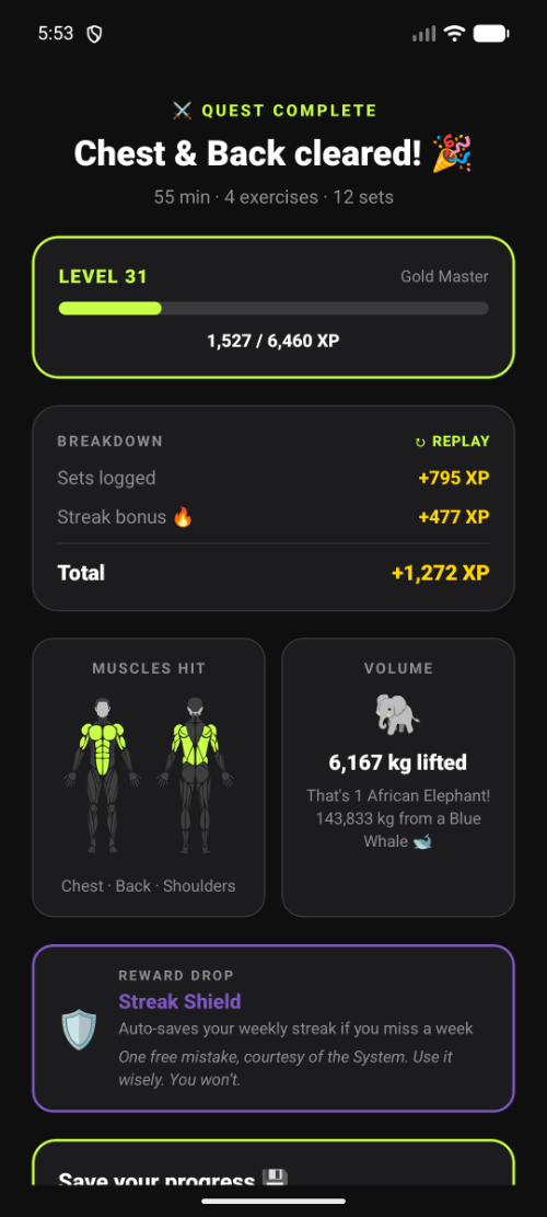 Quest complete screen with XP earned, level progress and the reward roll
