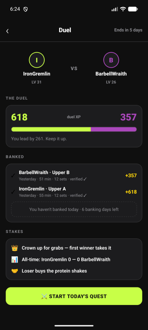Duel screen showing two players' quest XP over a seven-day window
