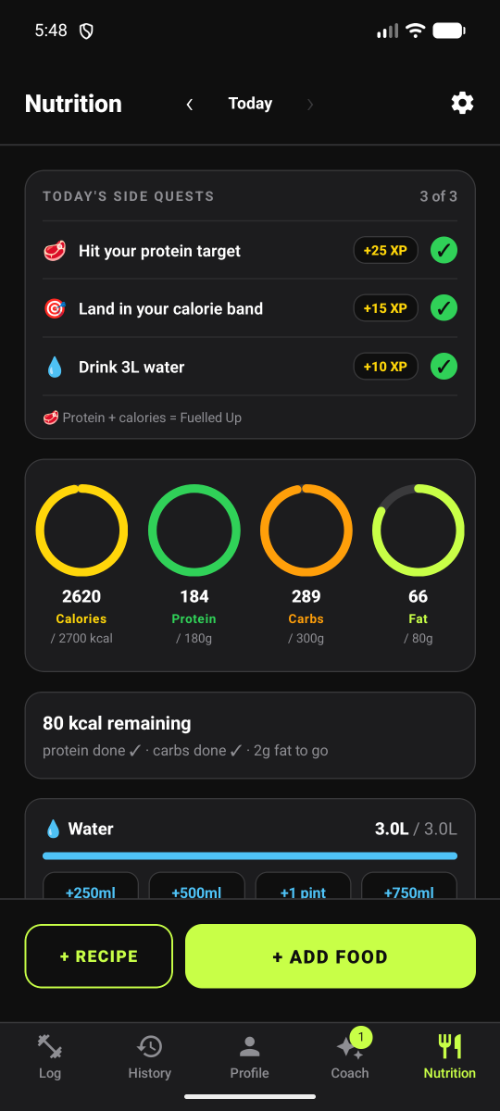 Nutrition tab with calorie and macro rings and the day's side quests