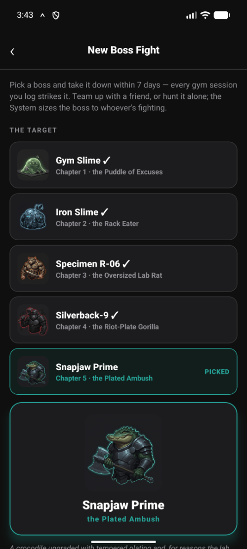 Boss picker screen listing the bosses by chapter