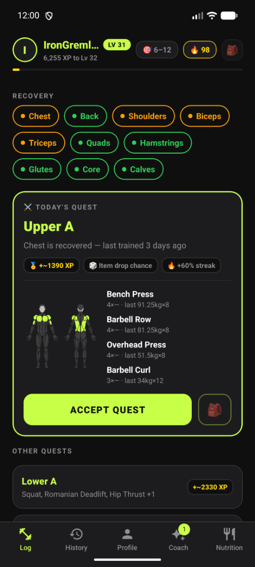 Quest board with Today's Quest and recovery status for every muscle group